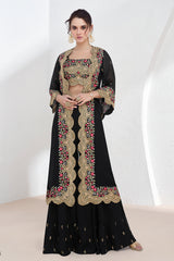 Exclusive designer Black pure georgette dress with detailed embroidery lace Shrug