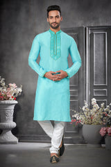 Light Blue Traditional Designer Silk Kurta with Mirror Work for all occasion | kurta pajama