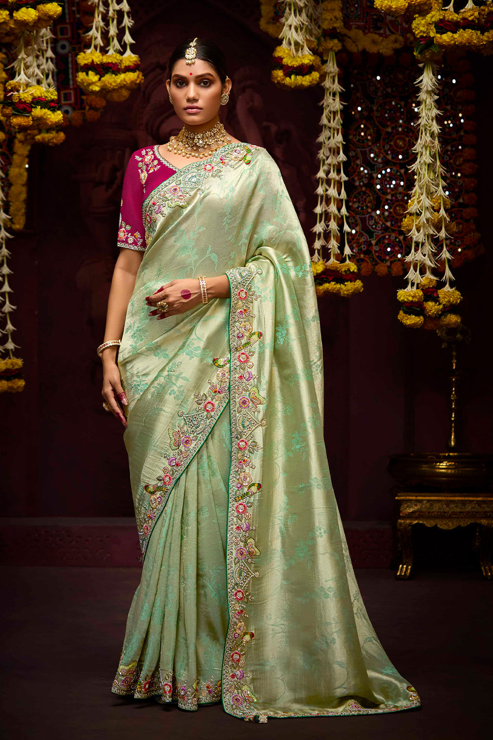 Light Green Shaded Pure Banarasi Kanjivaram Fabric With Heavy Work Border Saree