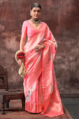 Peach shaded leheriya silk saree with handloom weaving saree | Shaded leheriya style Saree