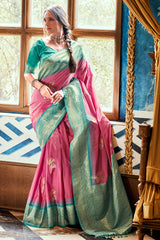 Designer contrasting Pink exclusive woven silk saree with pure weaving silk, zari woven butta and contrast border pallu