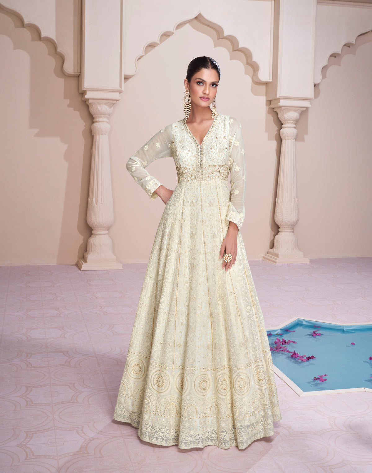 Elegant Designer White Lucknowi Embroidered Anarkali Dress with contrasting Organza Dupatta | Dress for all Occasion | Anarkali Dress