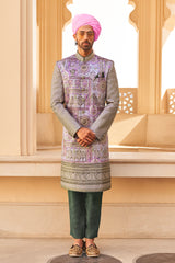 Exclusive latest designer mens indowestern sherwani kurta in pure pv silk and foil print  with handwork