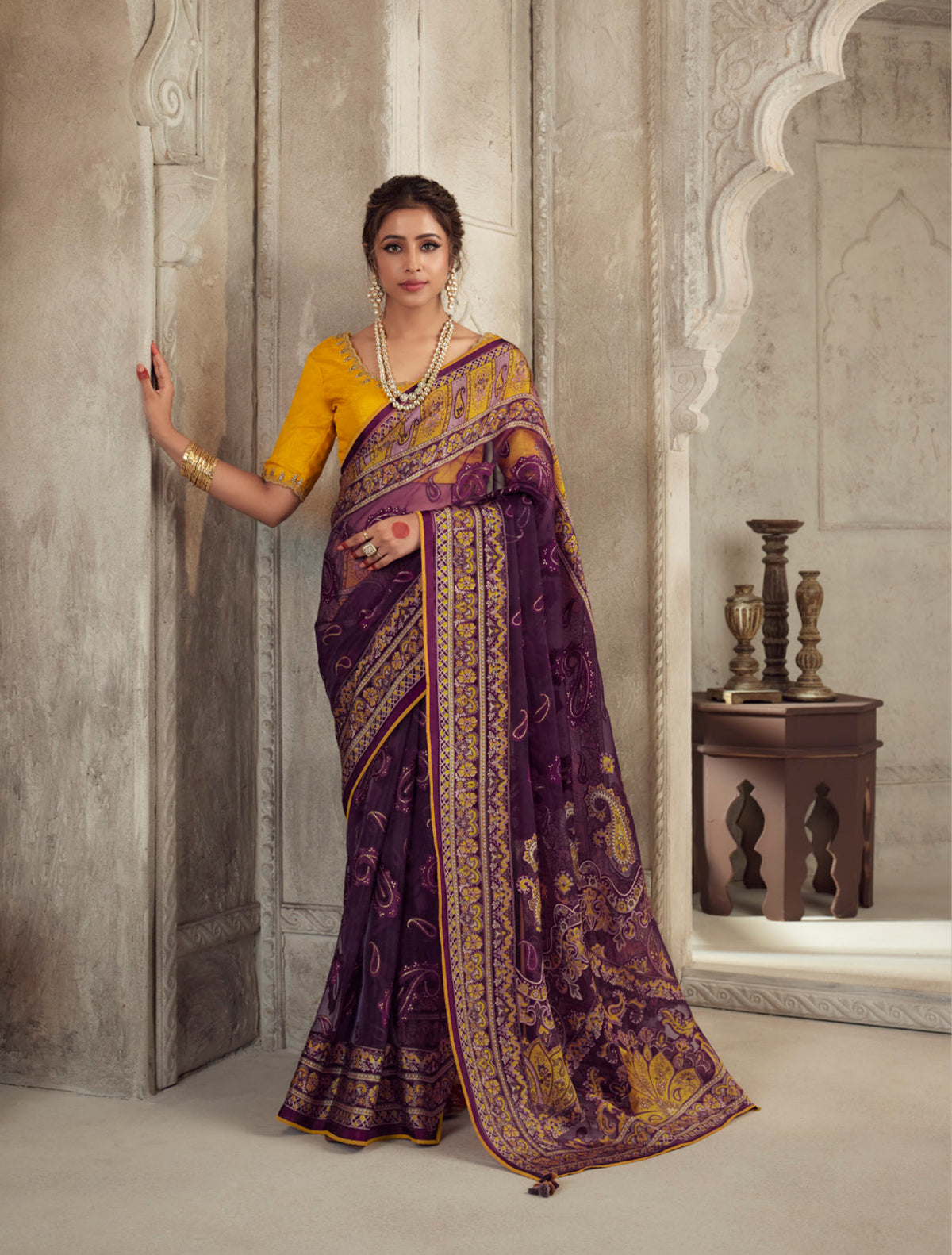 Exquisite Contrasting Purple Floral Organza saree with beautiful print, piping work or tassels on pallu | party wear saree | Festive saree