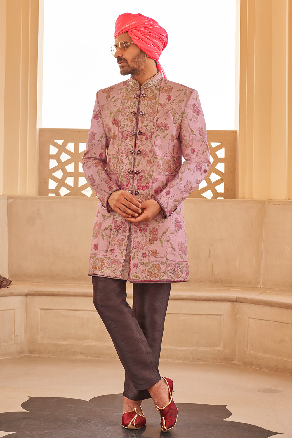 Exclusive latest designer mens indowestern sherwani kurta in pure pv silk and foil print with handwork