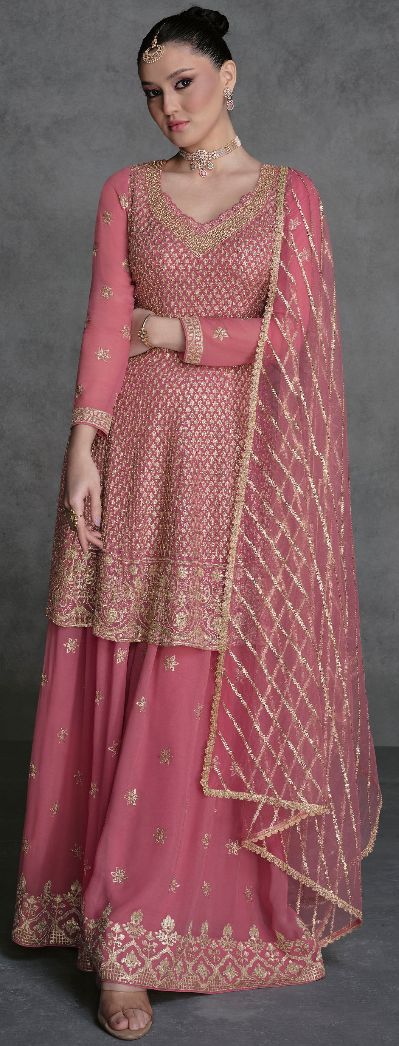 Pure georgette light shaded designer dress with detailed embroidery, thread work