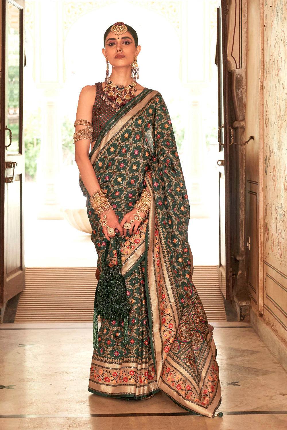 Exclusive Banarasi printed silk saree with elegant gold printed work