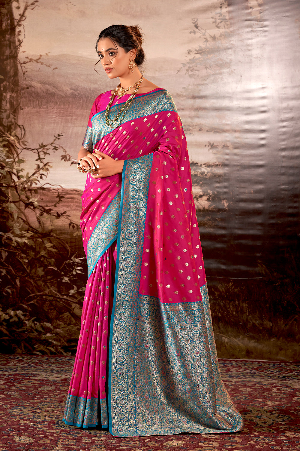 Contrasting dark shaded Pink Banarasi soft silk saree with detailed banarasi inspired work