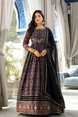 Hand work pure soft dola silk designer Gown Dress with digital print and printed dupatta