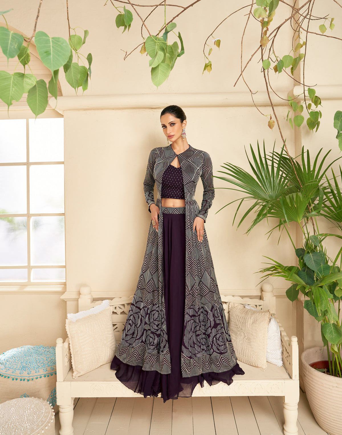 Designer Dark Wine shaded unique Lehenga With Shrug on Georgette Fabric with foil and embroidered work | designer dress | Bollywood Dress