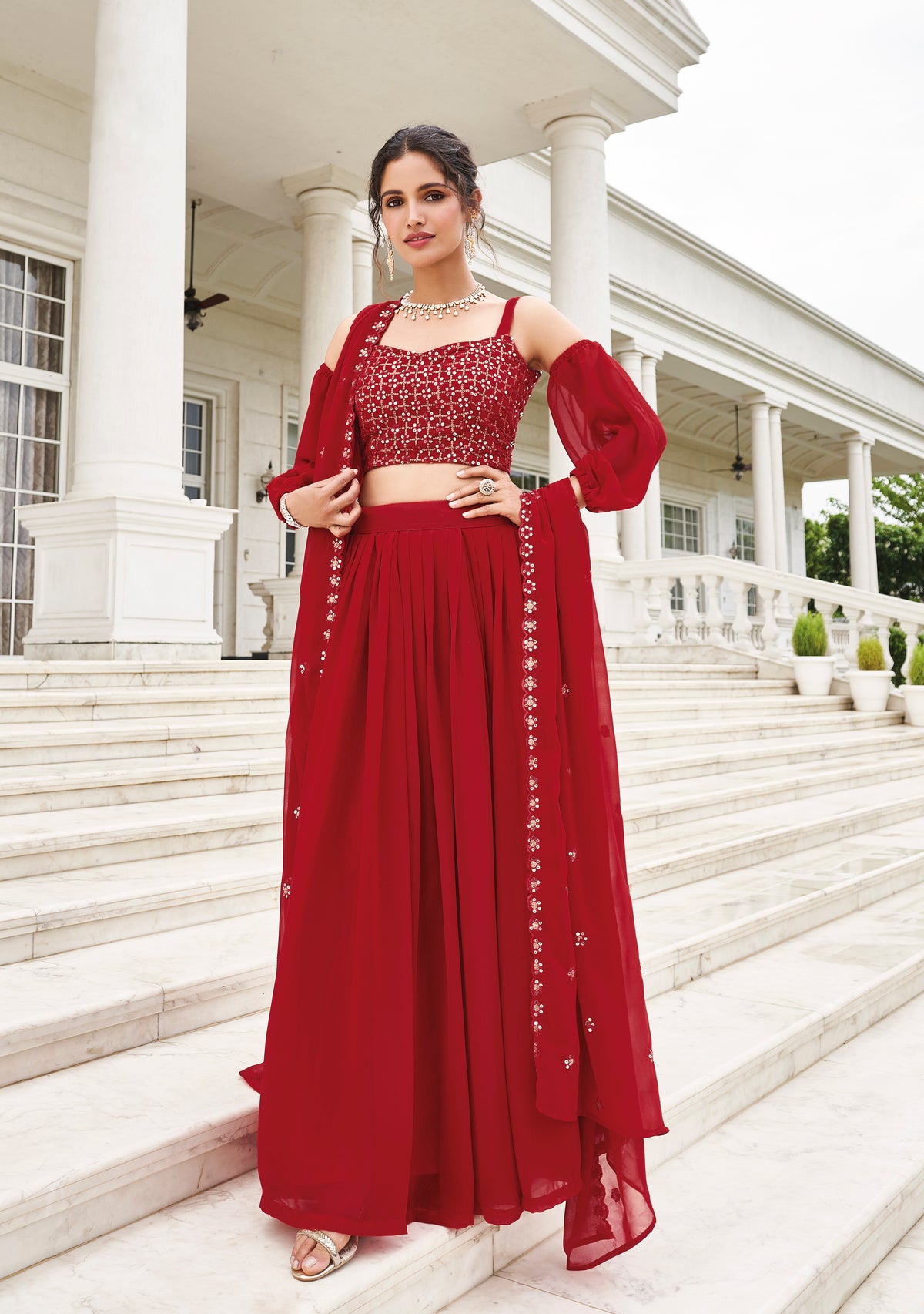 Premium Red indo western with detailed embroidery on pure georgette and sharara style | indo western style | bollywood style