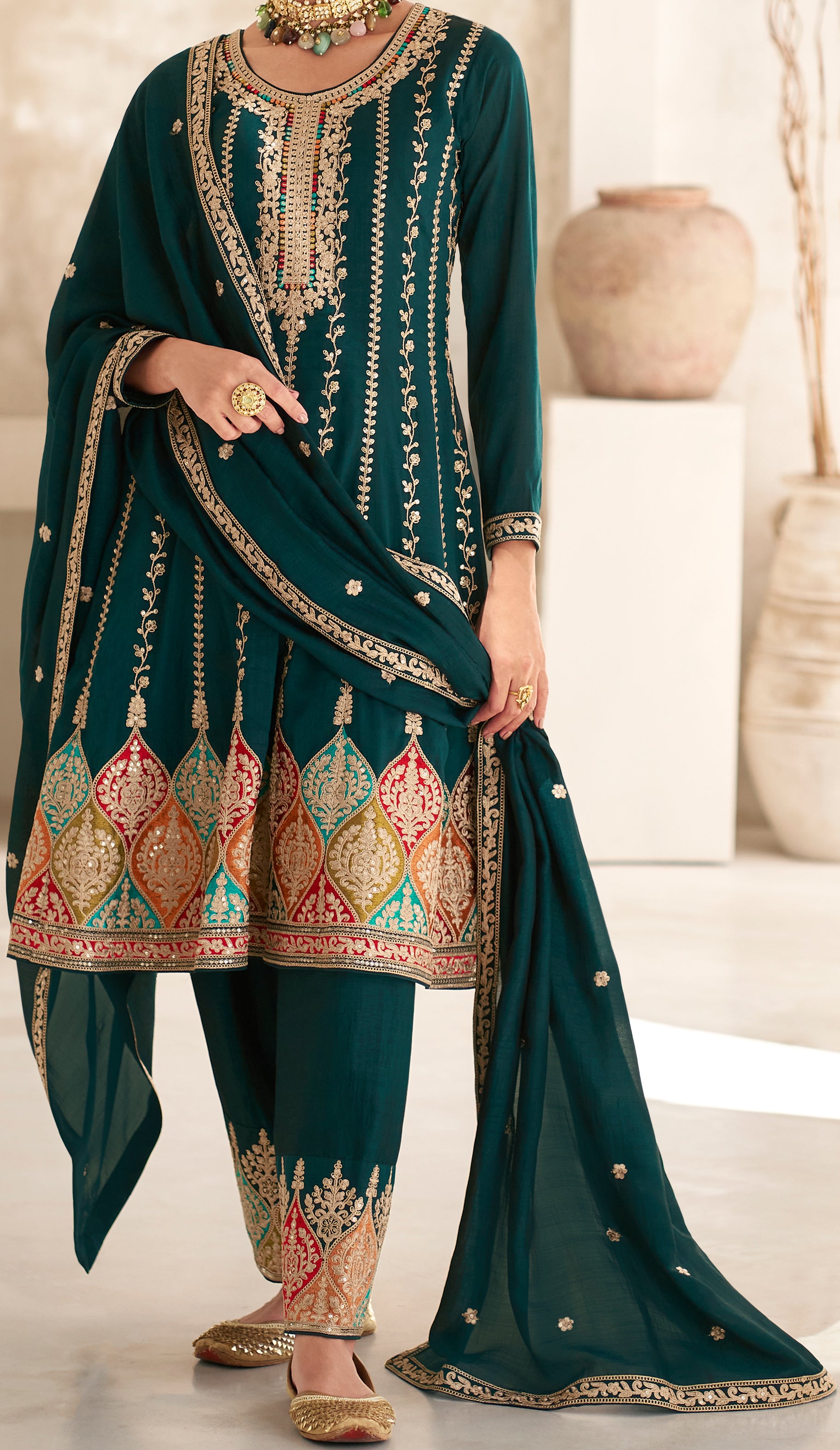 Exclusive Green Pure Silk Designer Flared Salwar Suit with Detailed Embroidery | Salwar Kameez | Designer Dress