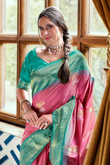 Designer contrasting Pink exclusive woven silk saree with pure weaving silk, zari woven butta and contrast border pallu