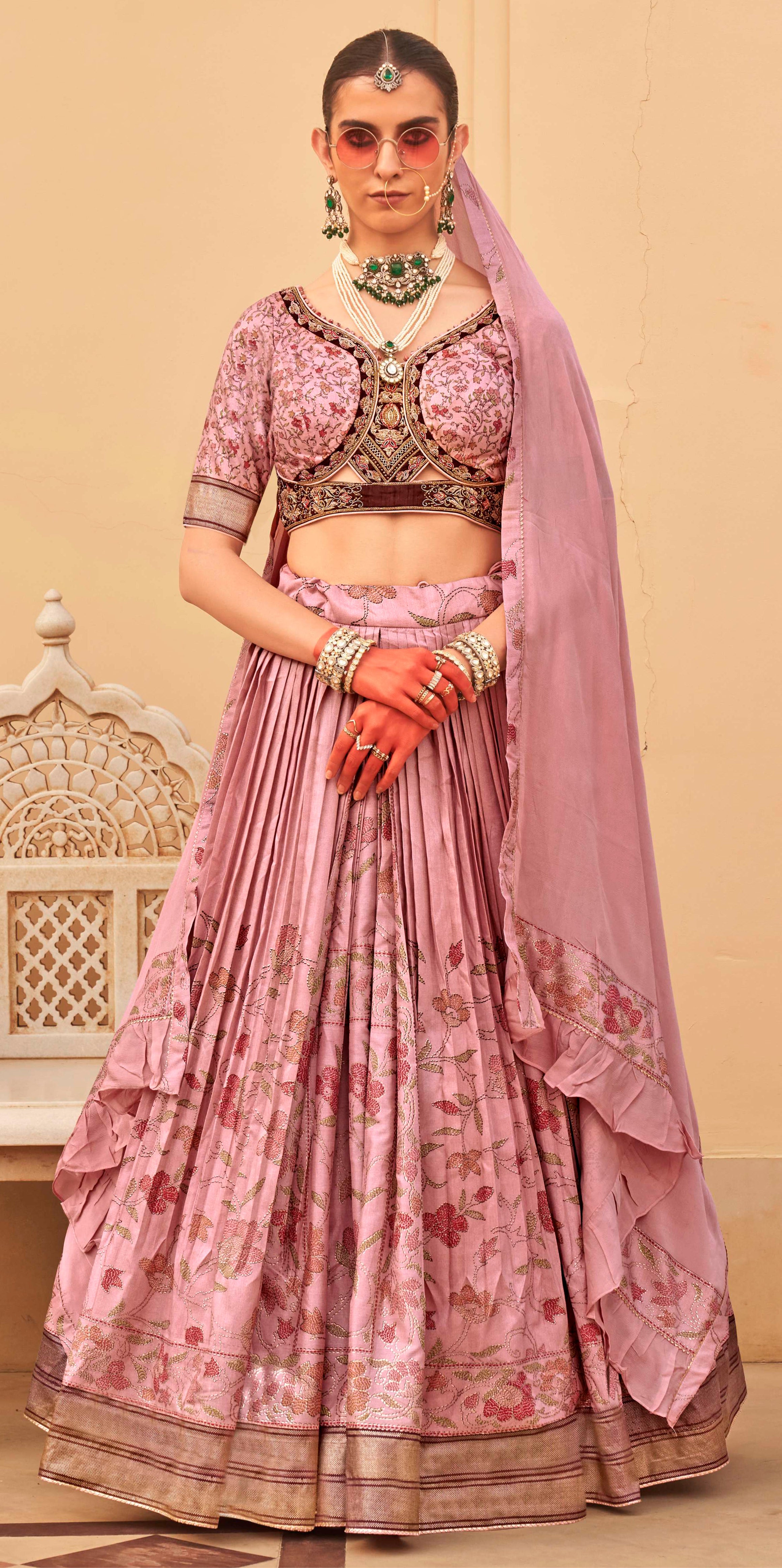 Exclusively for couple combo pink designer outfit in pure pv silk and foil print with detailed hand mirror work