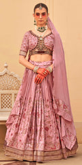 Exclusively for couple combo pink designer outfit in pure pv silk and foil print with detailed hand mirror work