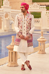 Exclusive latest white designer mens indowestern sherwani kurta in pure pv silk and foil print  with handwork