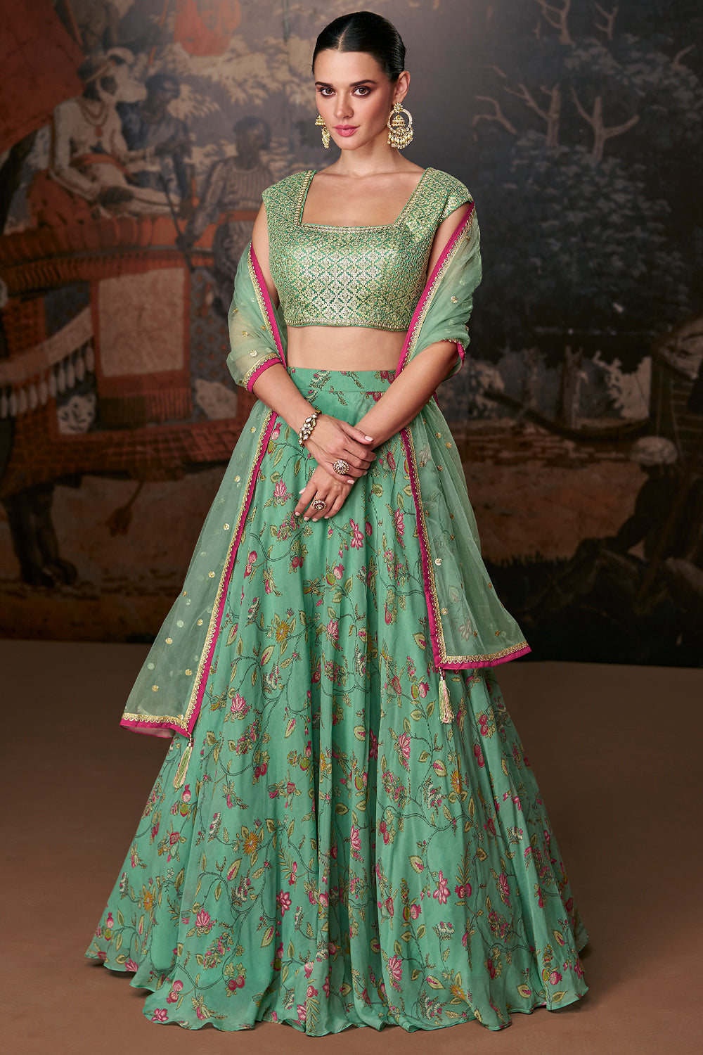 Designer lehenga on banglori silk blouse and pure organza silk with detailed embroidery