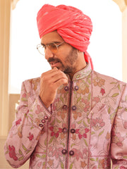 Exclusive latest designer mens indowestern sherwani kurta in pure pv silk and foil print with handwork