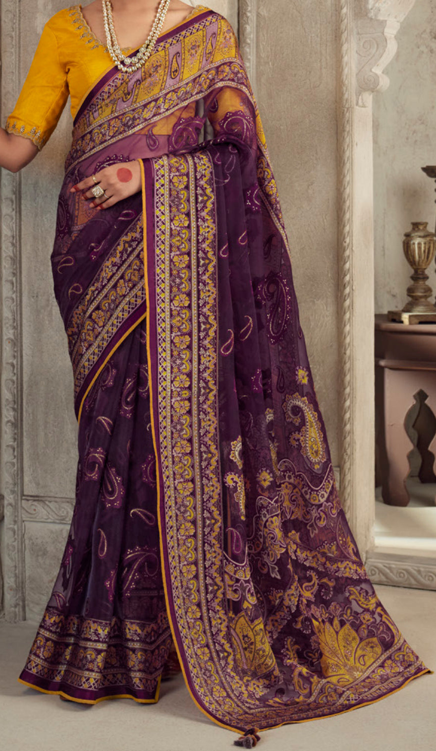 Exquisite Contrasting Purple Floral Organza saree with beautiful print, piping work or tassels on pallu | party wear saree | Festive saree