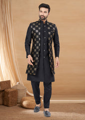 Exclusive Contrasting black Thread and Detailed Embroidery Work Indo Western, Sherwani | Indian Traditional Mens Wear