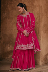 Unique Designer Pure Chinon Dark Pink Dress with detailed embroidery Sharara