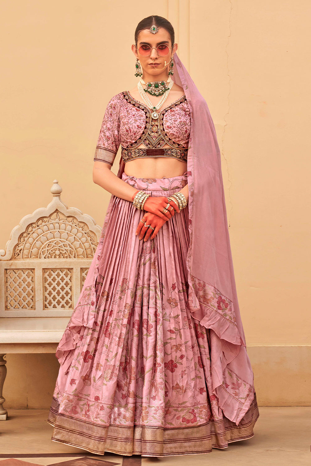 Exclusive latest Light Pink designer Lehenga in pure pv silk and foil print with detailed embroidery, hand and mirror work