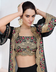 Exclusive designer Black pure georgette dress with detailed embroidery lace Shrug