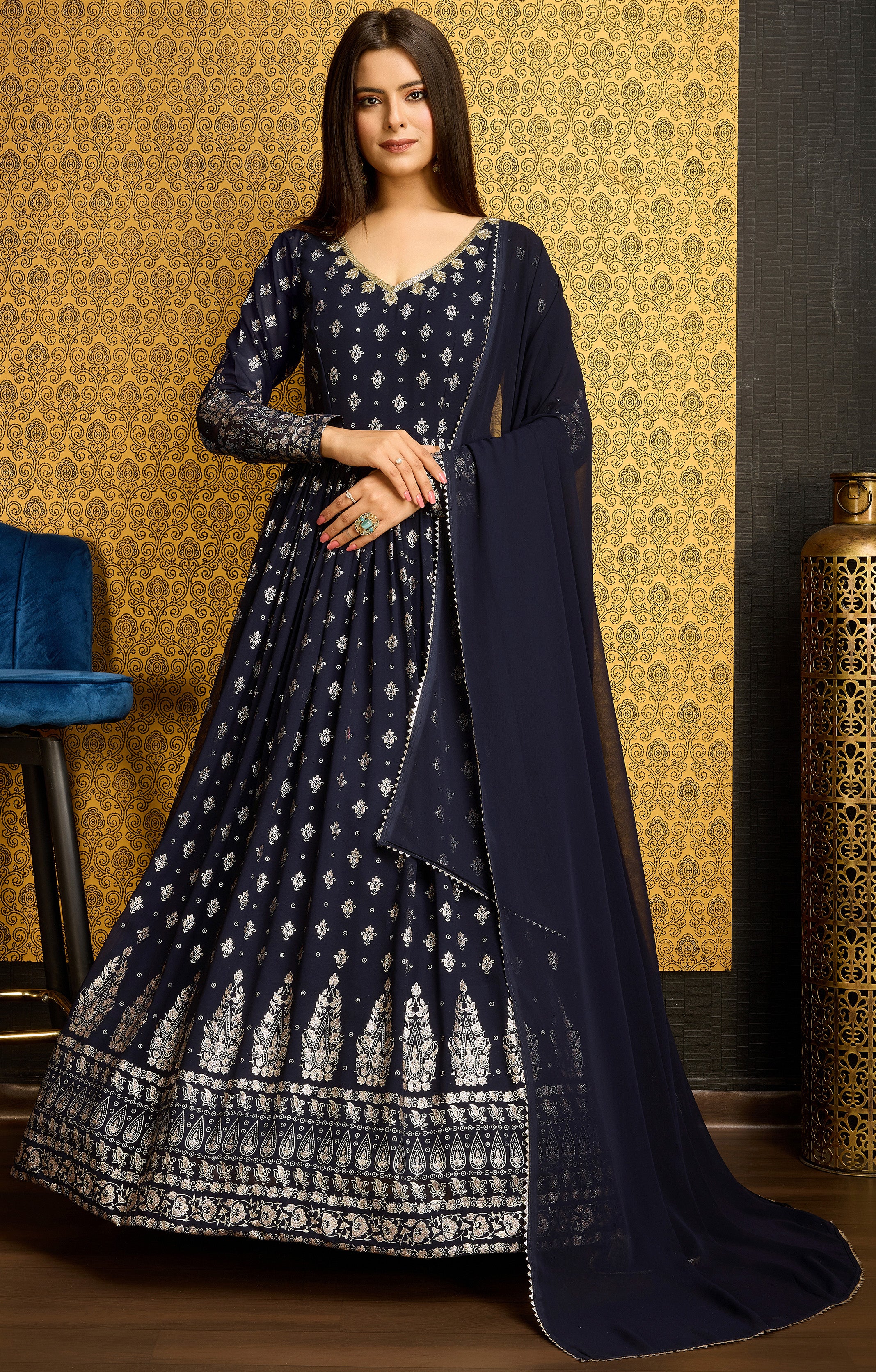 Exclusive Designer Navy Blue Gown on georgette with detailed metallic foil work and handwork on neck