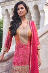 Premium Chinon Silk Designer Rani Pink Shaded Dress With Detailed Embroidery and Work