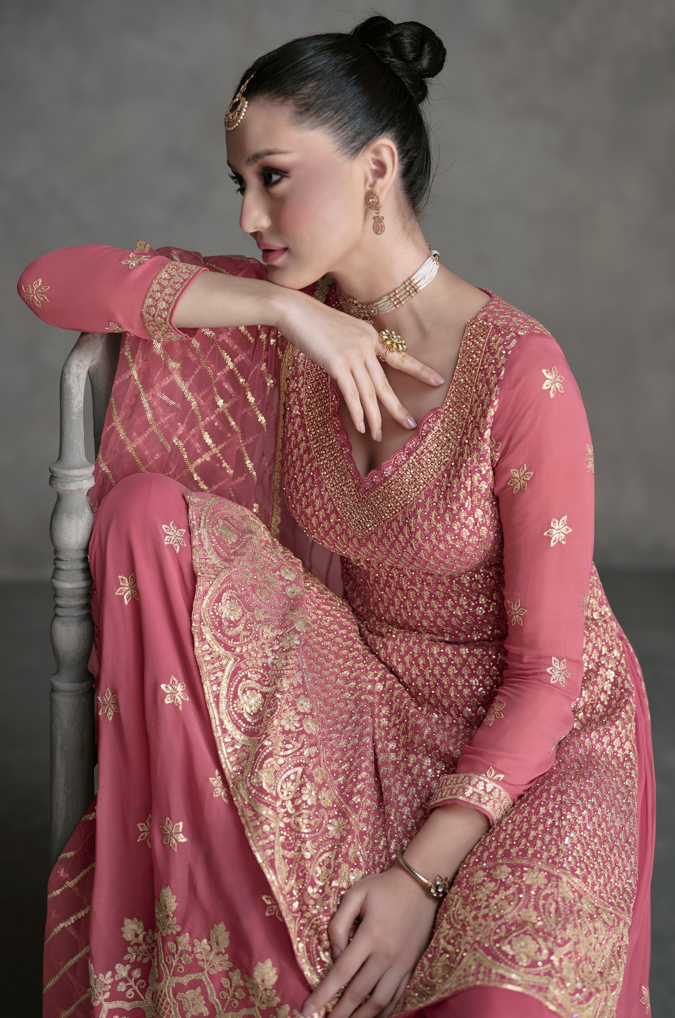 Pure georgette light shaded designer dress with detailed embroidery, thread work