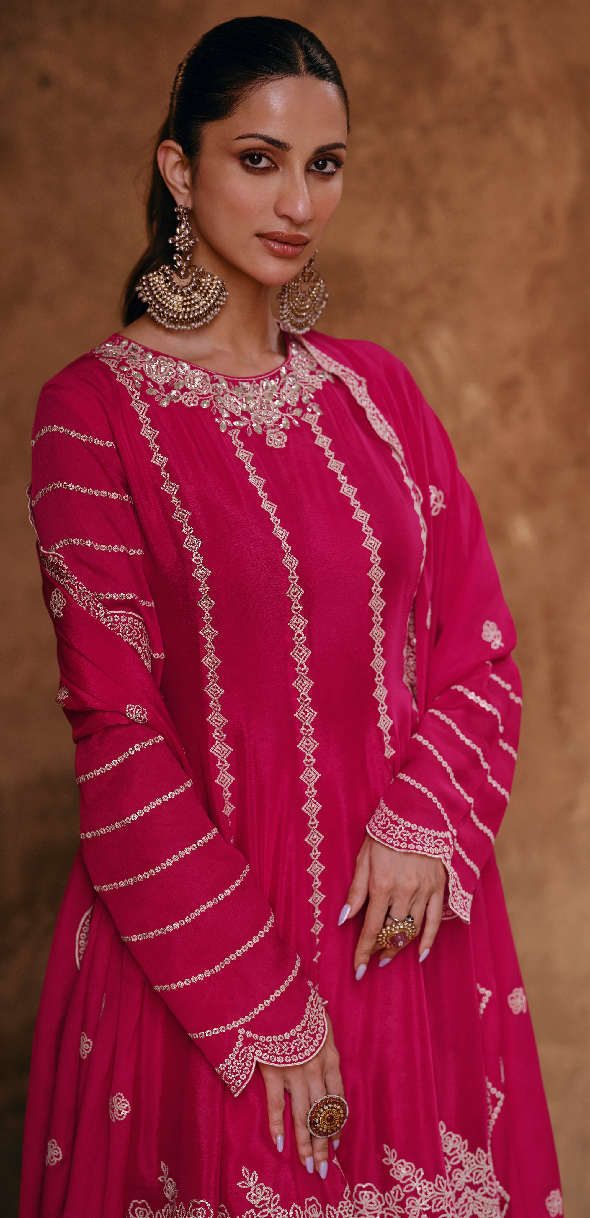 Unique Designer Pure Chinon Dark Pink Dress with detailed embroidery Sharara