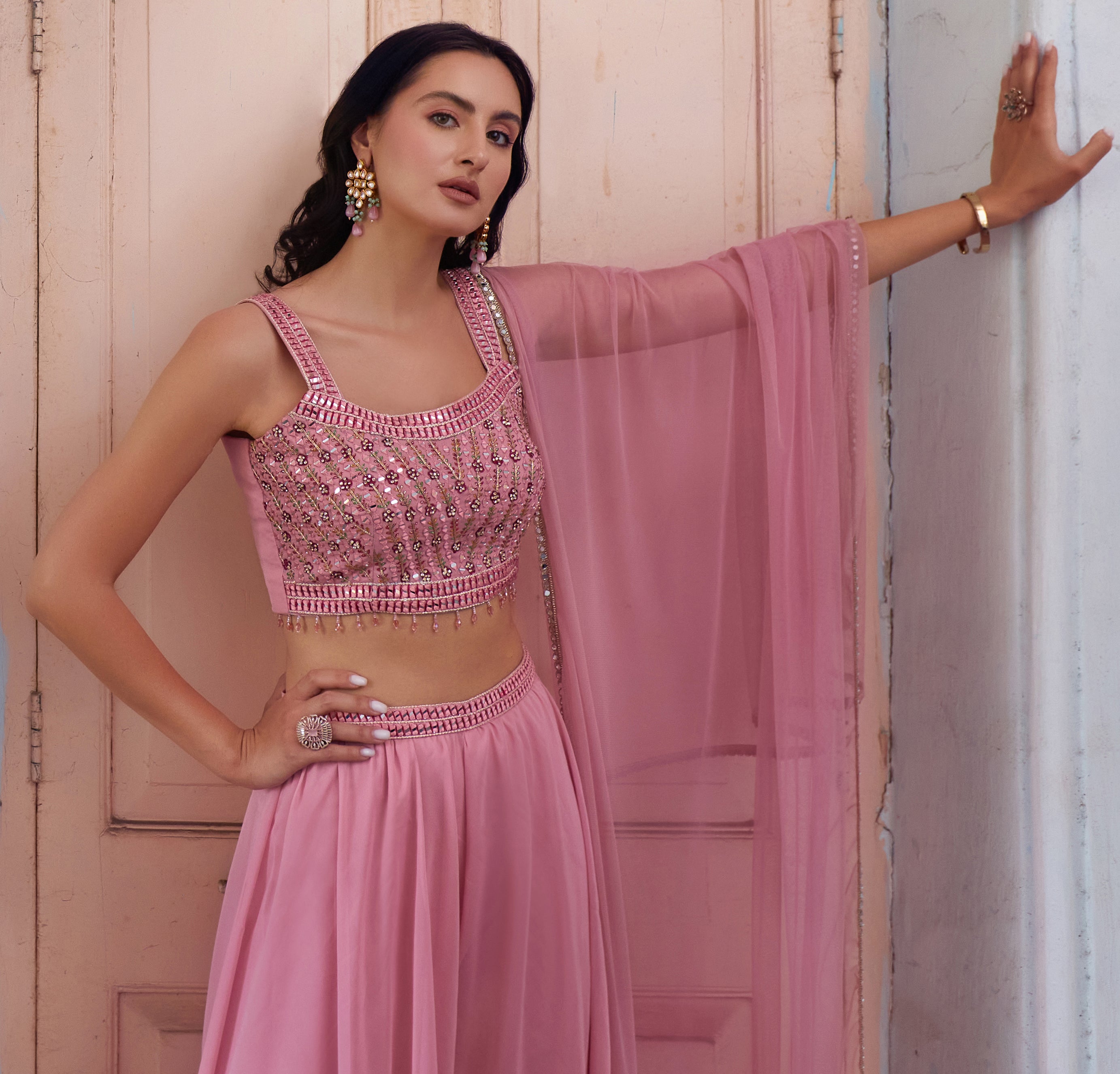 Light Pink Designer sharara style inspired dress on pure georgette with detailed mirror, thread, hand embellished work