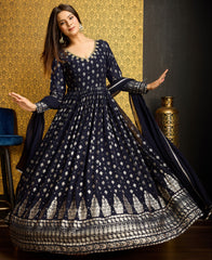 Exclusive Designer Navy Blue Gown on georgette with detailed metallic foil work and handwork on neck