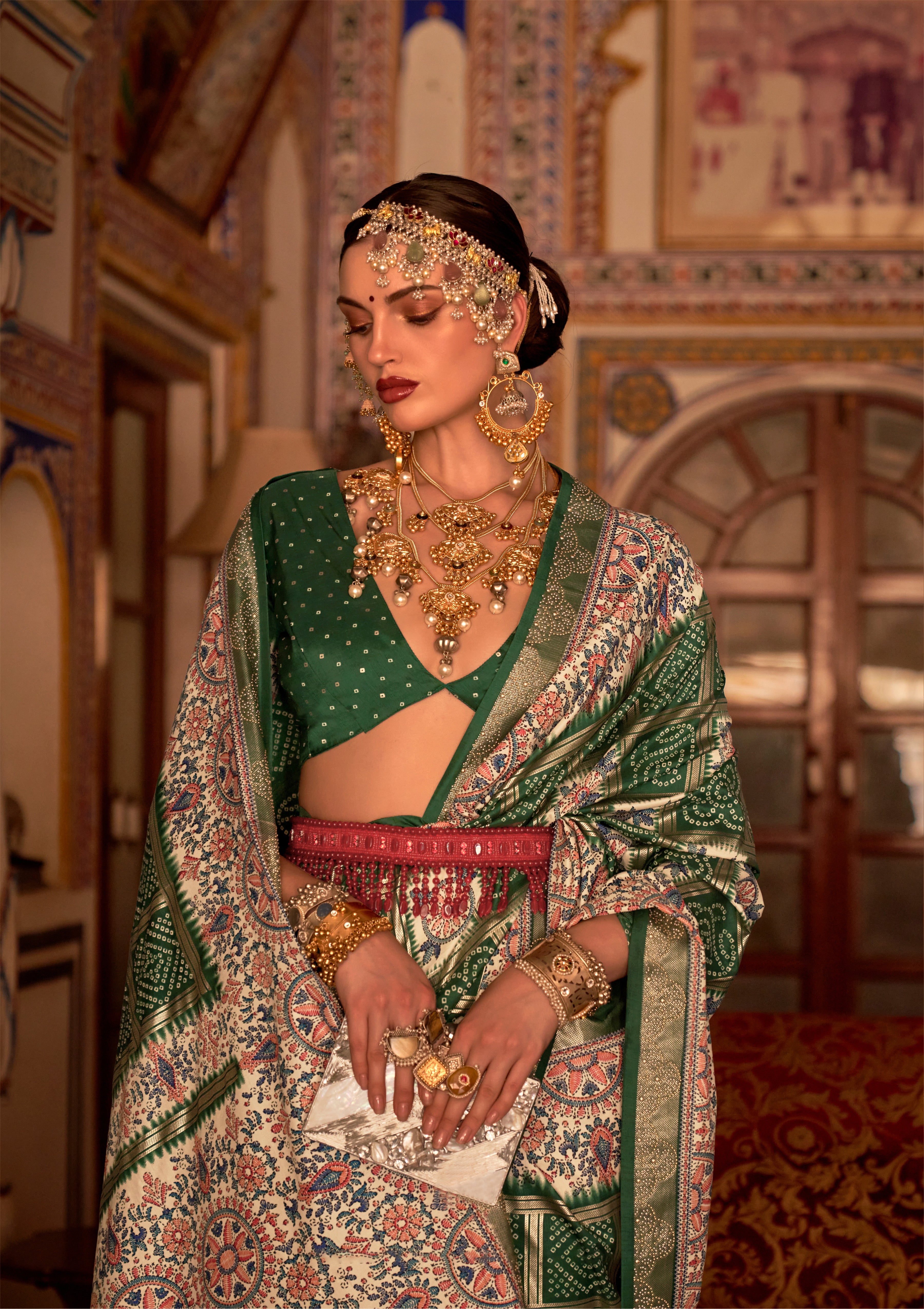 Green Silk Saree in Floreem vacuum finish and Elegant Stud Work | Saree for all occasion