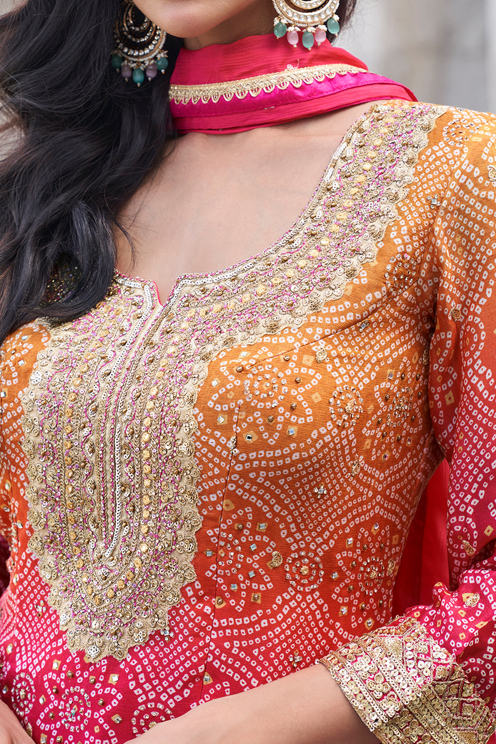 Premium Chinon Silk Designer Rani Pink Shaded Dress With Detailed Embroidery and Work