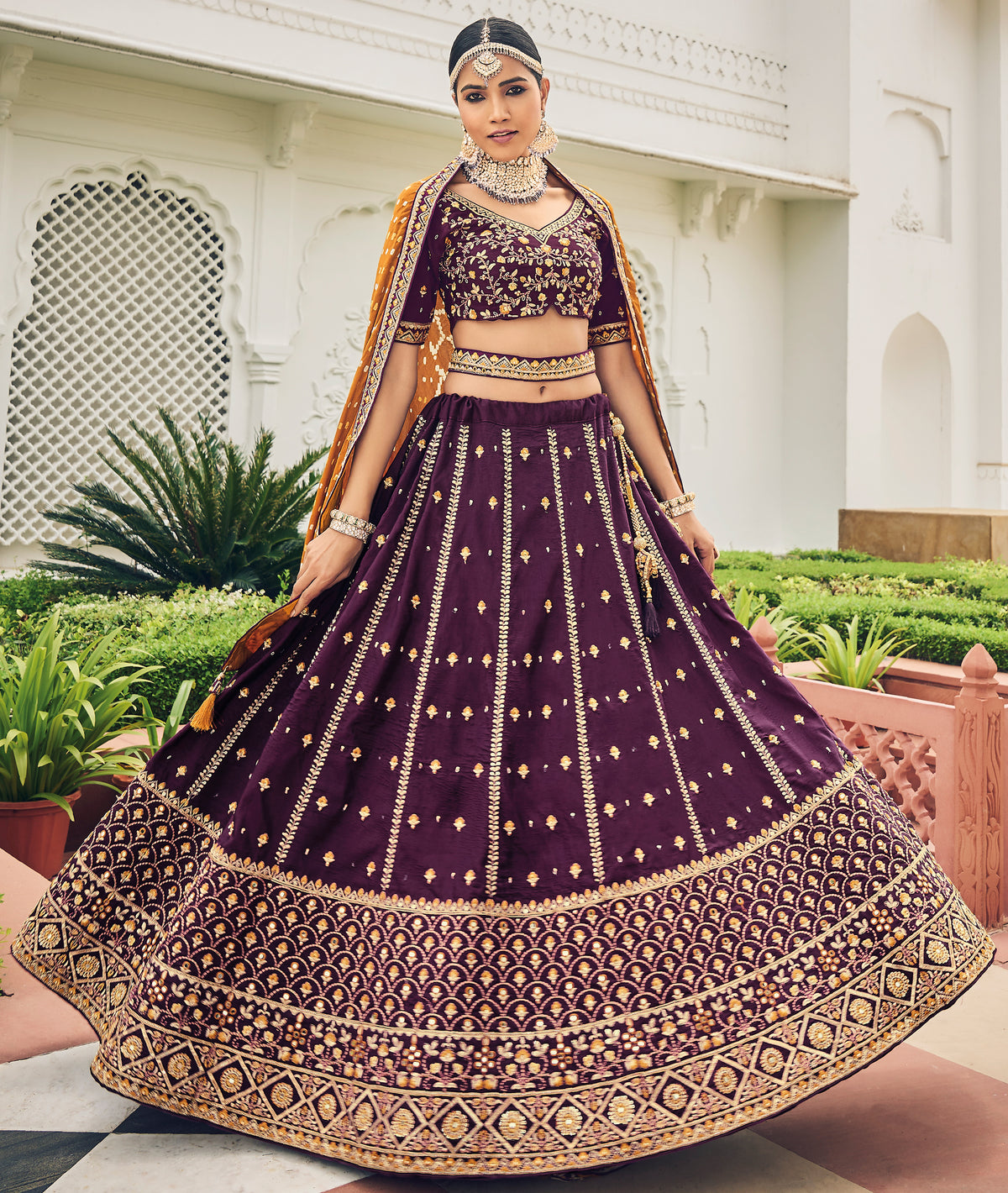 Designer violet magenta Lehenga on viscos and bandhej duppatta with detailed embroidery and hand work