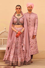 Exclusively for couple combo pink designer outfit in pure pv silk and foil print with detailed hand mirror work