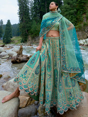 Contrasting Designer light blue lehenga on viscose with Zari, Hand, Thread, embroidery detailed work indian aspired work