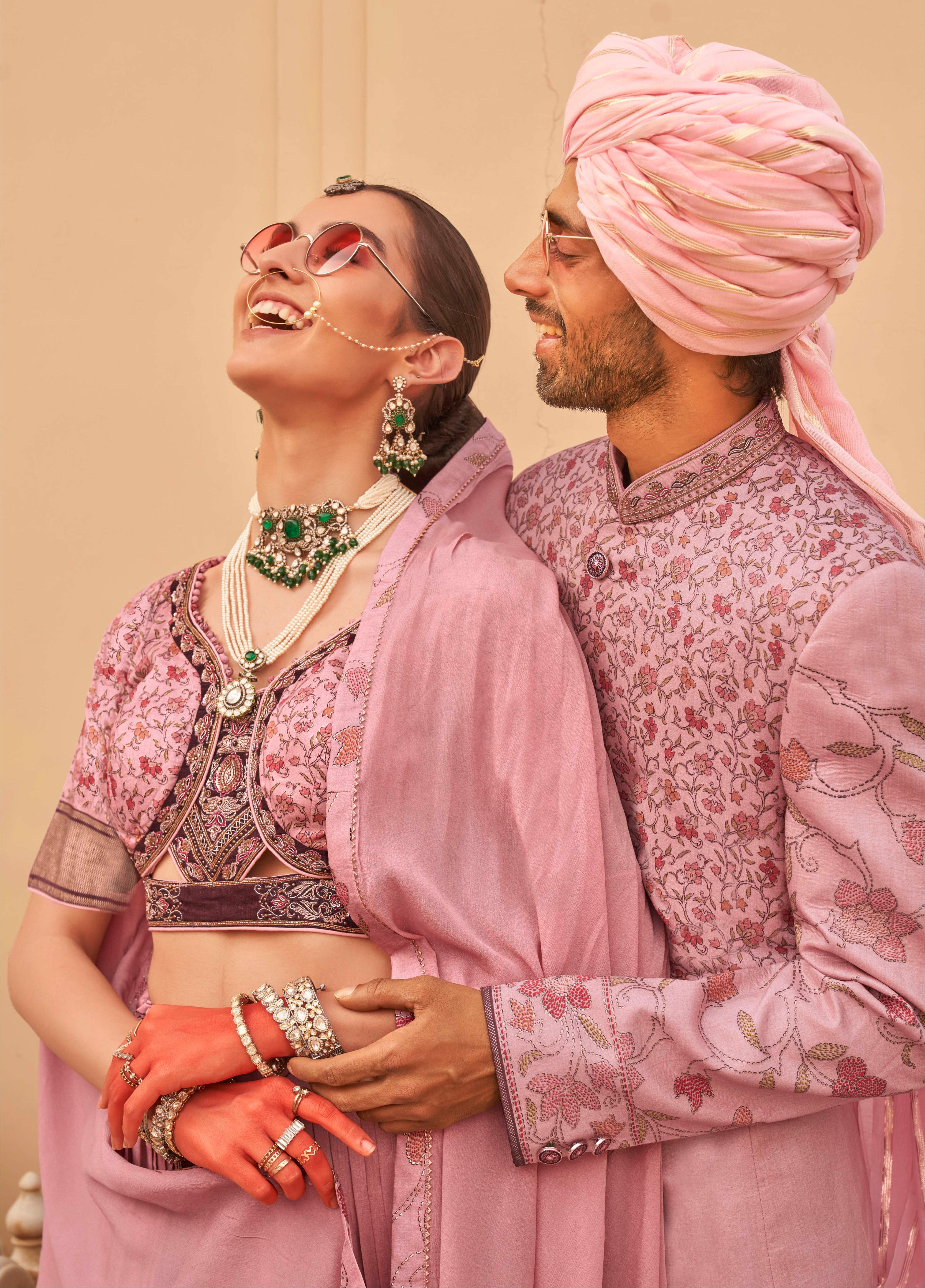 Exclusively for couple combo pink designer outfit in pure pv silk and foil print with detailed hand mirror work