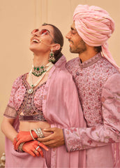 Exclusively for couple combo pink designer outfit in pure pv silk and foil print with detailed hand mirror work