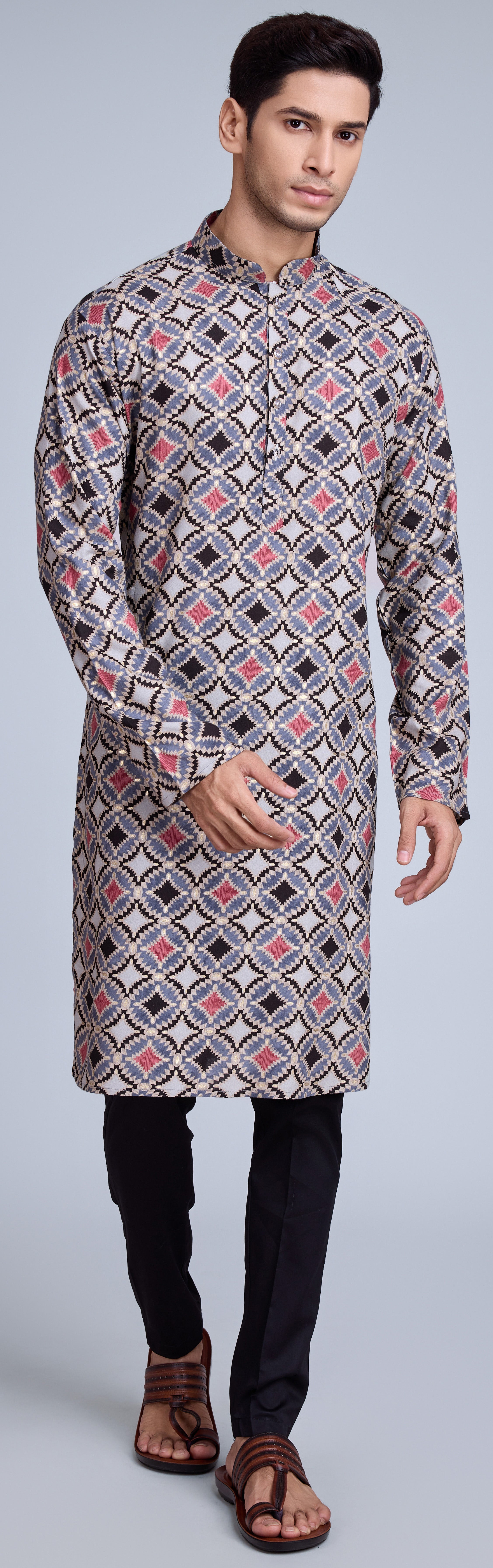 Gray  Contrasting indian aspiring Printed rayon Mens kurta for wedding and other occasion comes with pajama