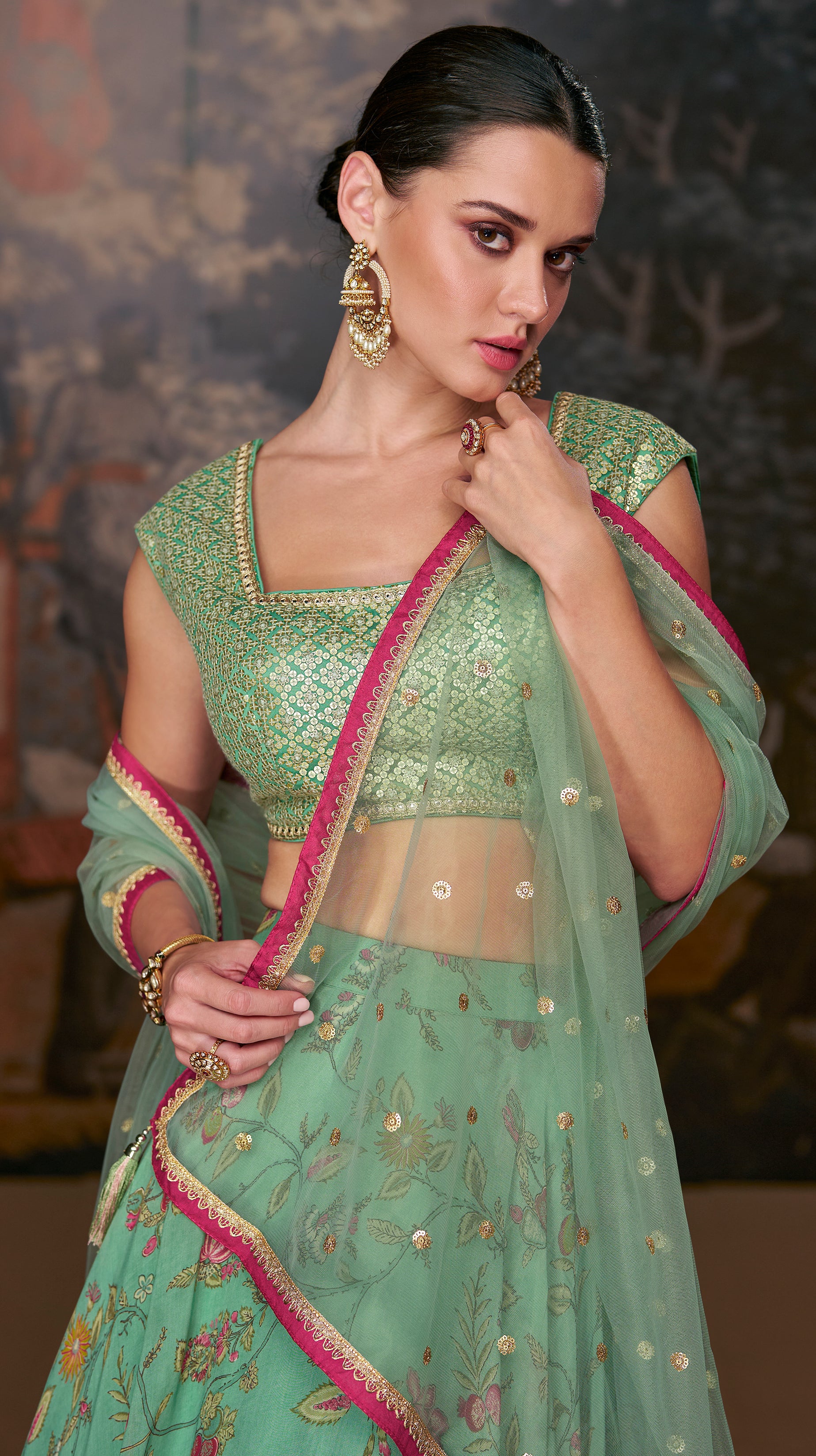 Designer lehenga on banglori silk blouse and pure organza silk with detailed embroidery