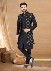 Exclusive Contrasting black Thread and Detailed Embroidery Work Indo Western, Sherwani | Indian Traditional Mens Wear