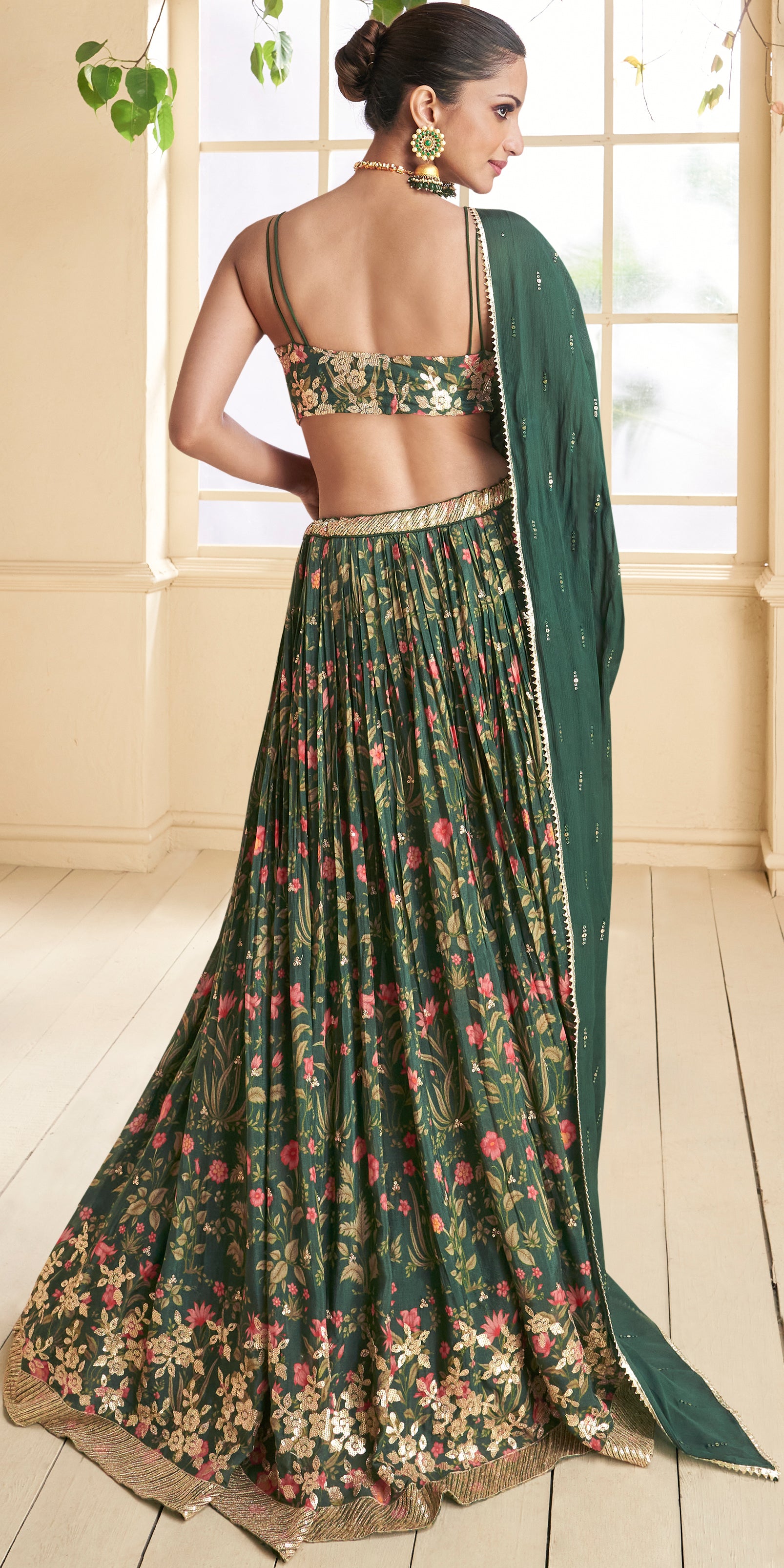 Bollywood style Green Georgette lehenga with floral inspired embroidered lehenga with Duppatta