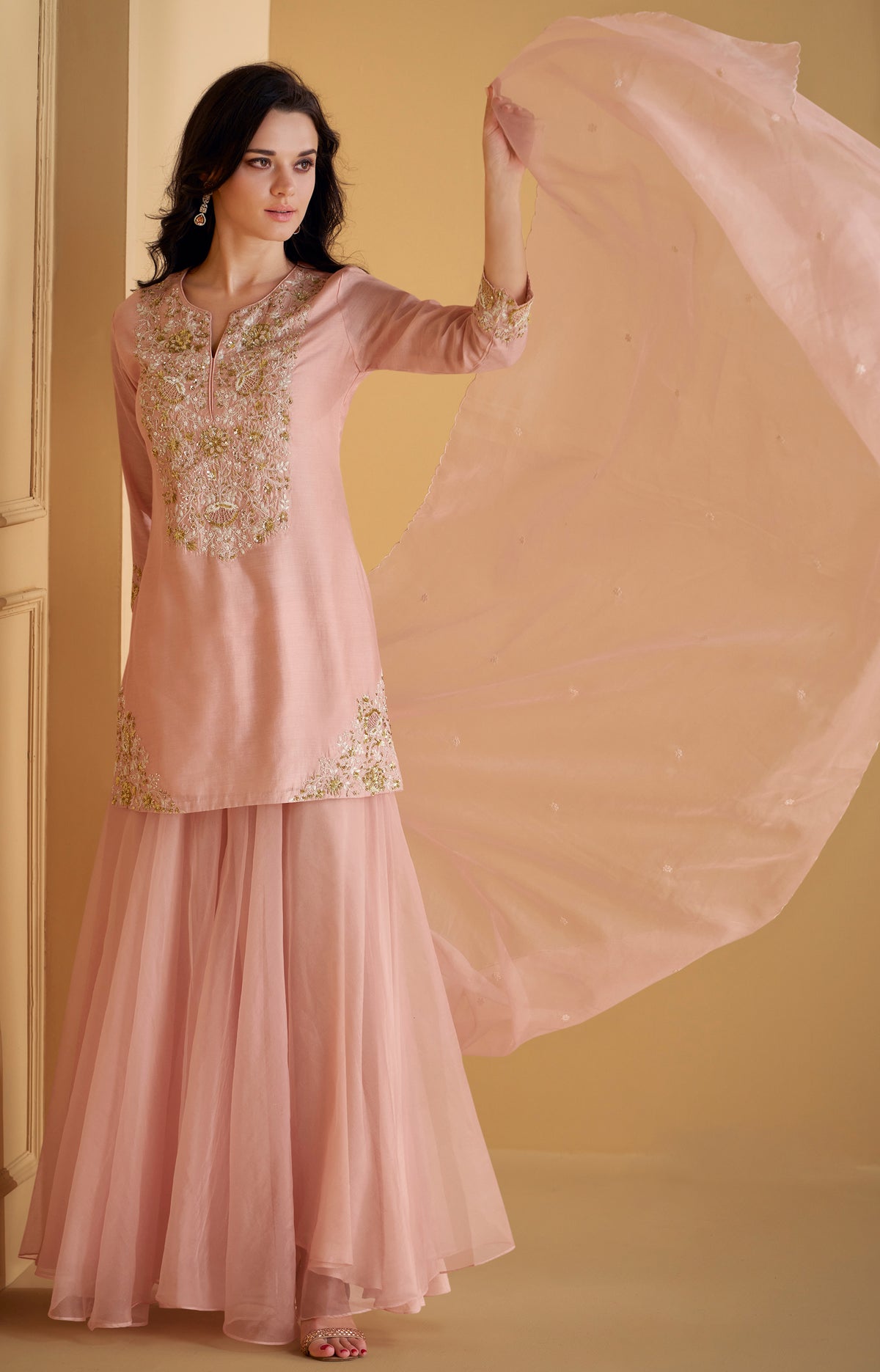 Designer Baby pink Green exclusive Sharara dress with detailed embroidery