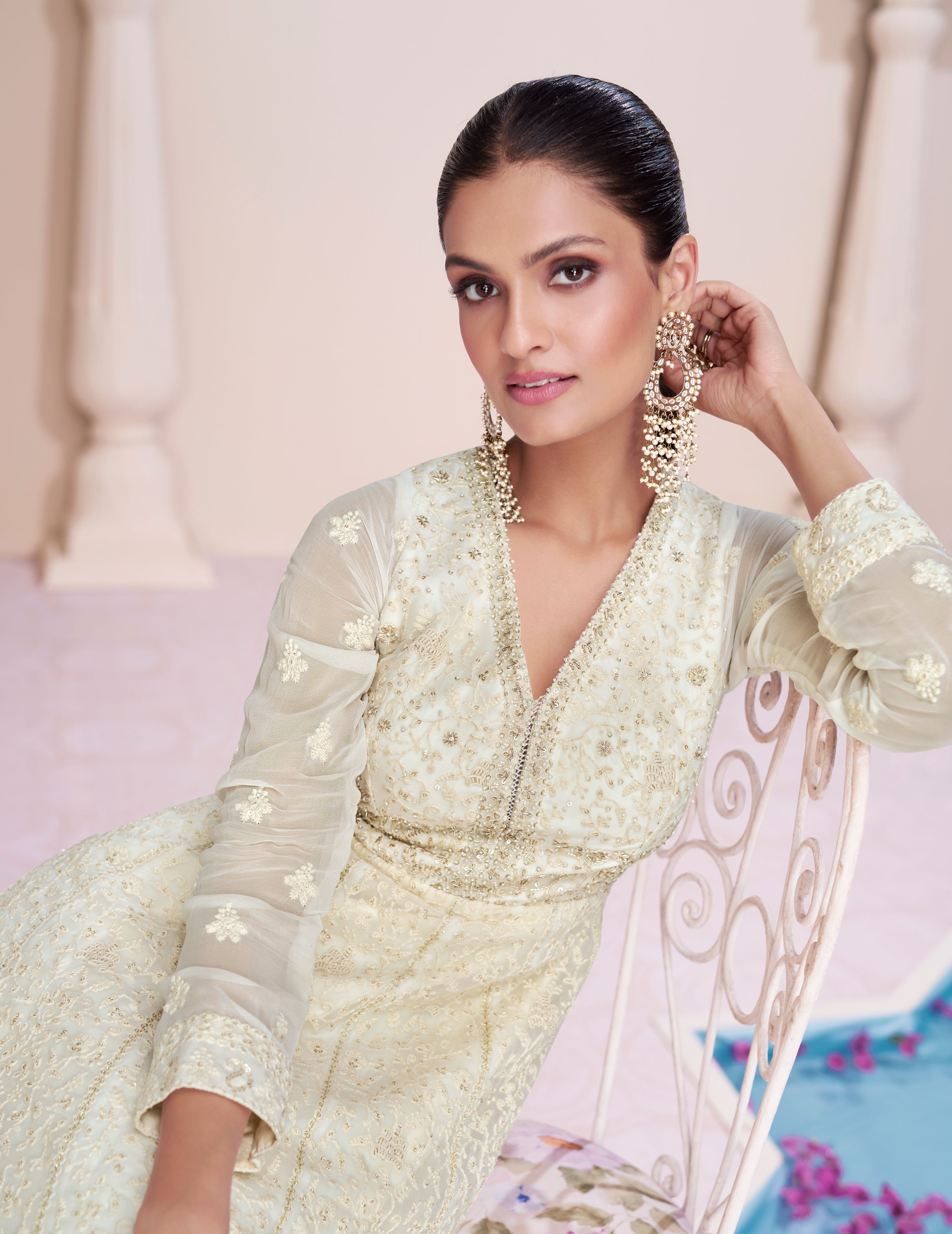 Elegant Designer White Lucknowi Embroidered Anarkali Dress with contrasting Organza Dupatta | Dress for all Occasion | Anarkali Dress