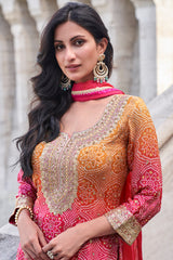 Premium Chinon Silk Designer Rani Pink Shaded Dress With Detailed Embroidery and Work