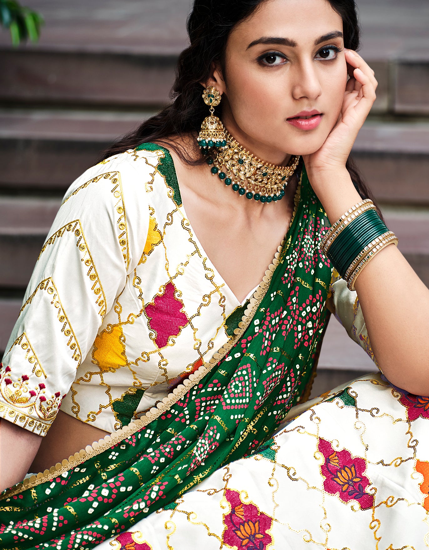 Contrasting lehenga inspired on india art and culture embroidery on silk