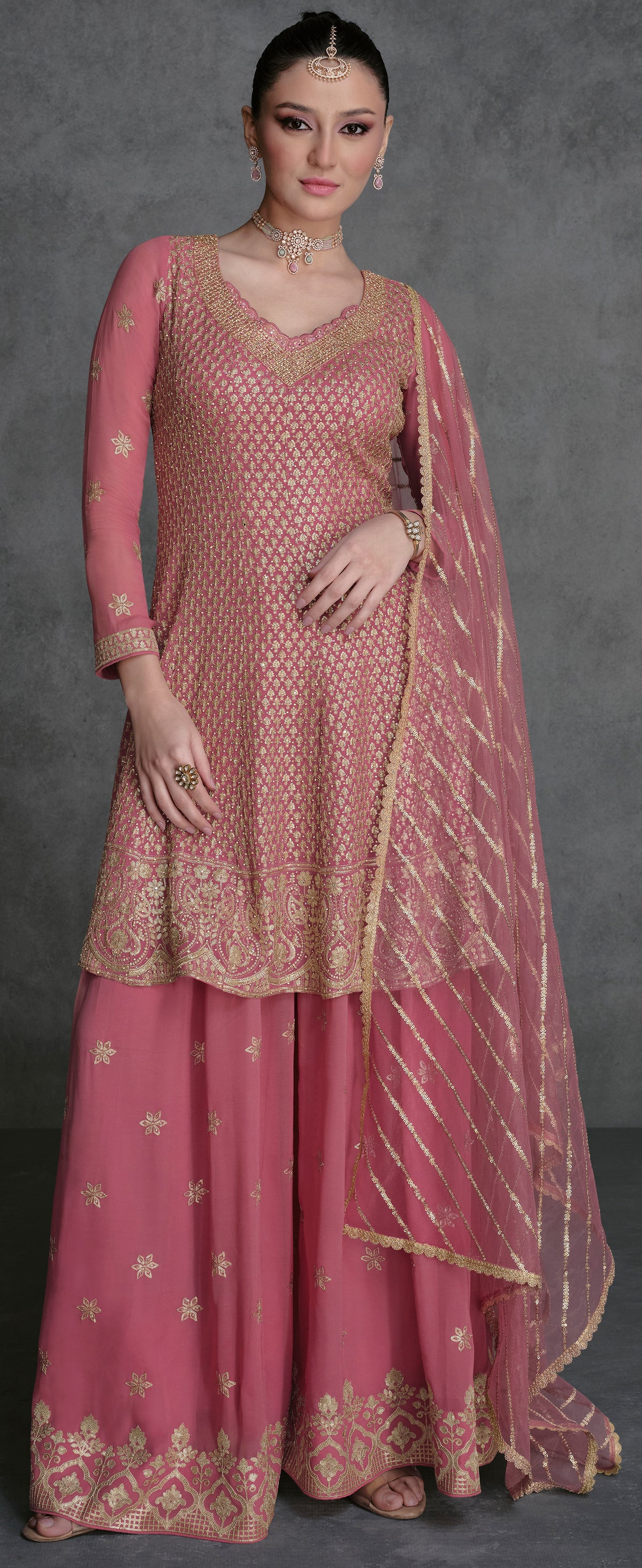 Pure georgette light shaded designer dress with detailed embroidery, thread work