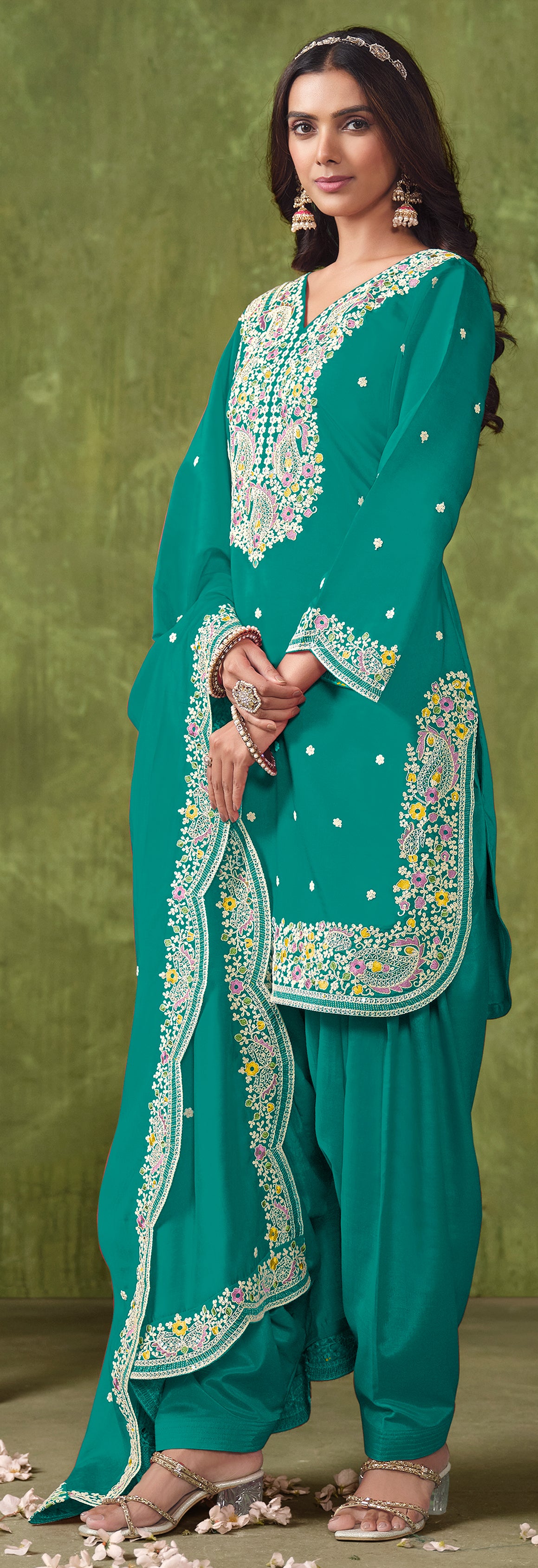 Designer Rama Green pure silk Patiala Suits with deatiled embroidery work